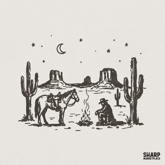 Western Desert Cowboy PNG, Campfire Scene - 300 DPI Design for T-Shirt