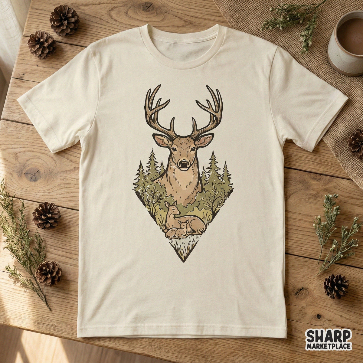 Vintage-inspired deer family design with a majestic stag and forest landscape, displayed as a print on a cream-colored t-shirt for outdoor enthusiasts.