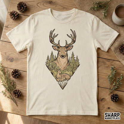 Vintage-inspired deer family design with a majestic stag and forest landscape, displayed as a print on a cream-colored t-shirt for outdoor enthusiasts.