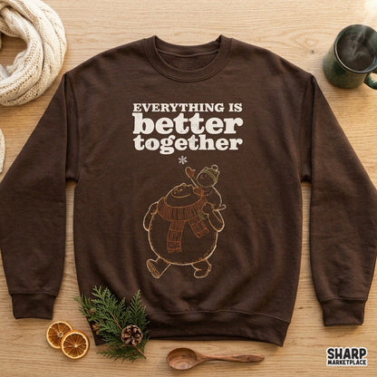 Cozy winter bear PNG graphic featuring Everything Is Better Together quote for holiday t-shirts and apparel sublimation