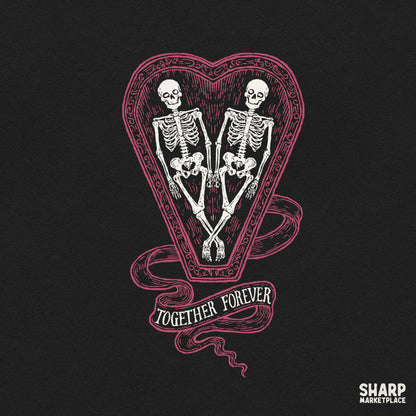 Gothic skeleton couple in a heart coffin design for spooky romance Valentine PNG apparel and digital crafts