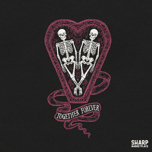 Gothic skeleton couple in a heart coffin design for spooky romance Valentine PNG apparel and digital crafts