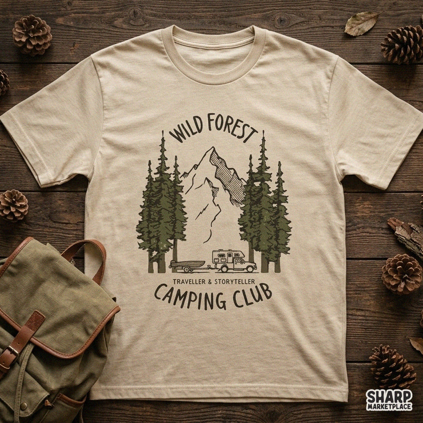 Retro camper van and mountain camping club design ideal for summer shirt sublimation and lake life apparel