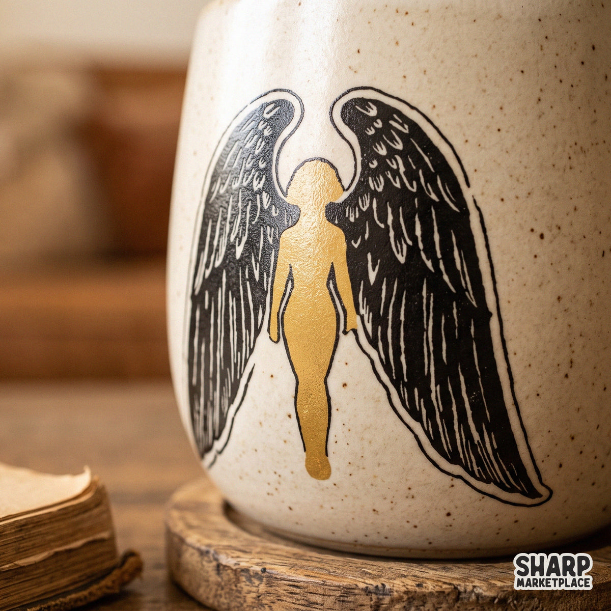 Golden guardian angel silhouette with majestic wings for spiritual Christian t-shirt sublimation and religious art prints