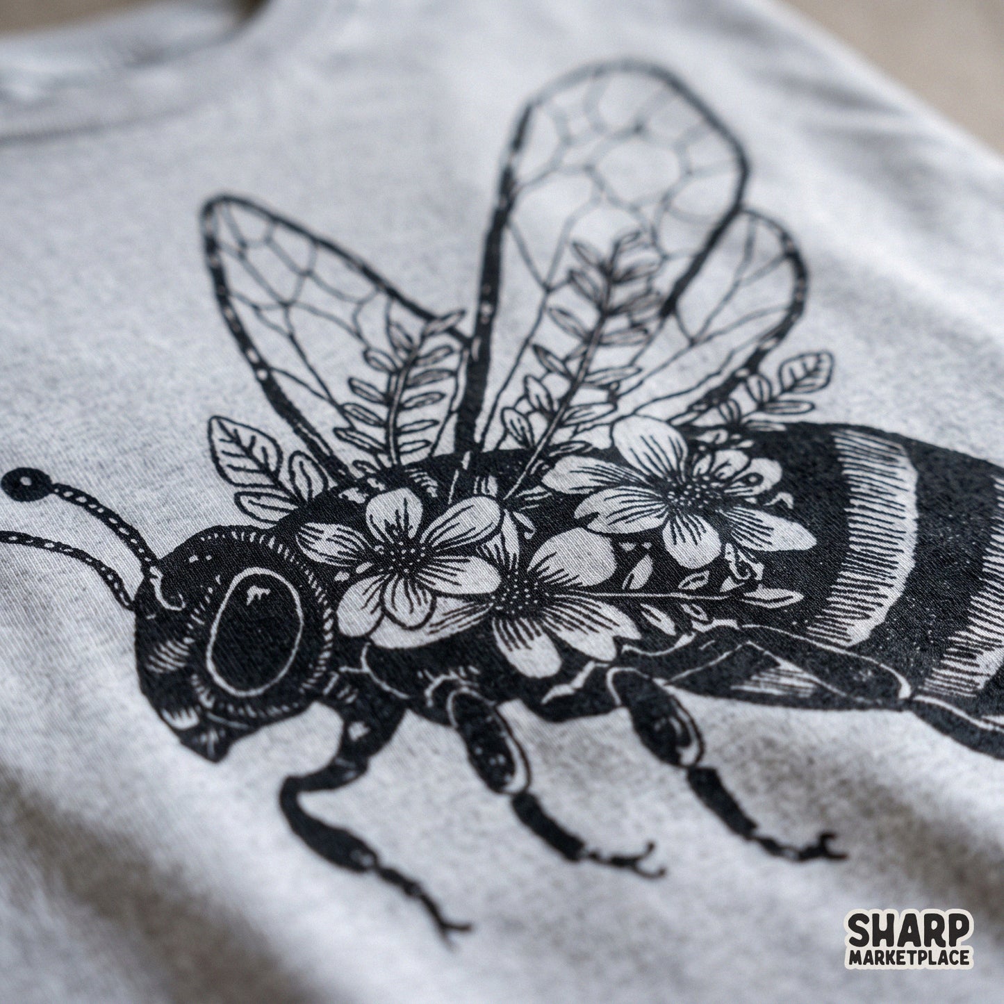 Vintage botanical floral bee sketch graphic for retro spring sublimation shirts
