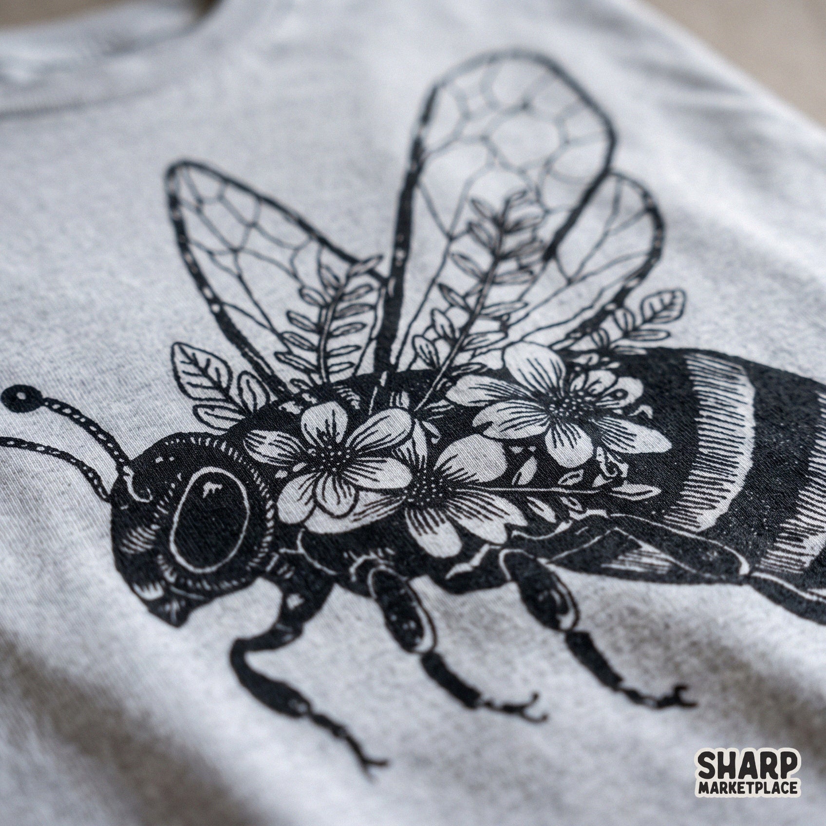 Vintage botanical floral bee sketch graphic for retro spring sublimation shirts