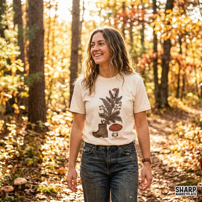Vintage hiking boot with growing ferns and red mushrooms PNG clipart graphic for nature and camping shirt designs