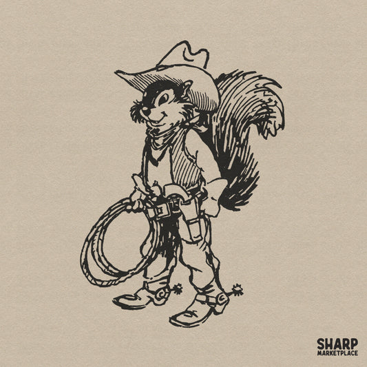 Vintage black and white line art of a cowboy squirrel wearing a western hat, vest, and spurs while holding a lasso for apparel sublimation.