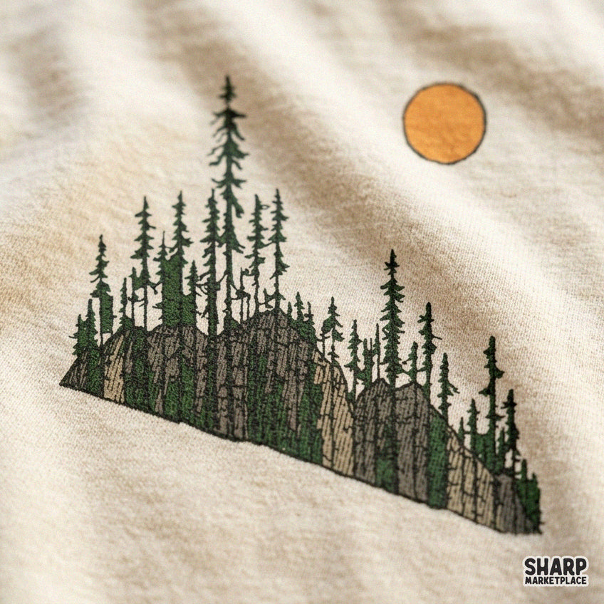 Retro wilderness pine forest on a rocky cliff edge graphic for camping shirt sublimation PNG designs