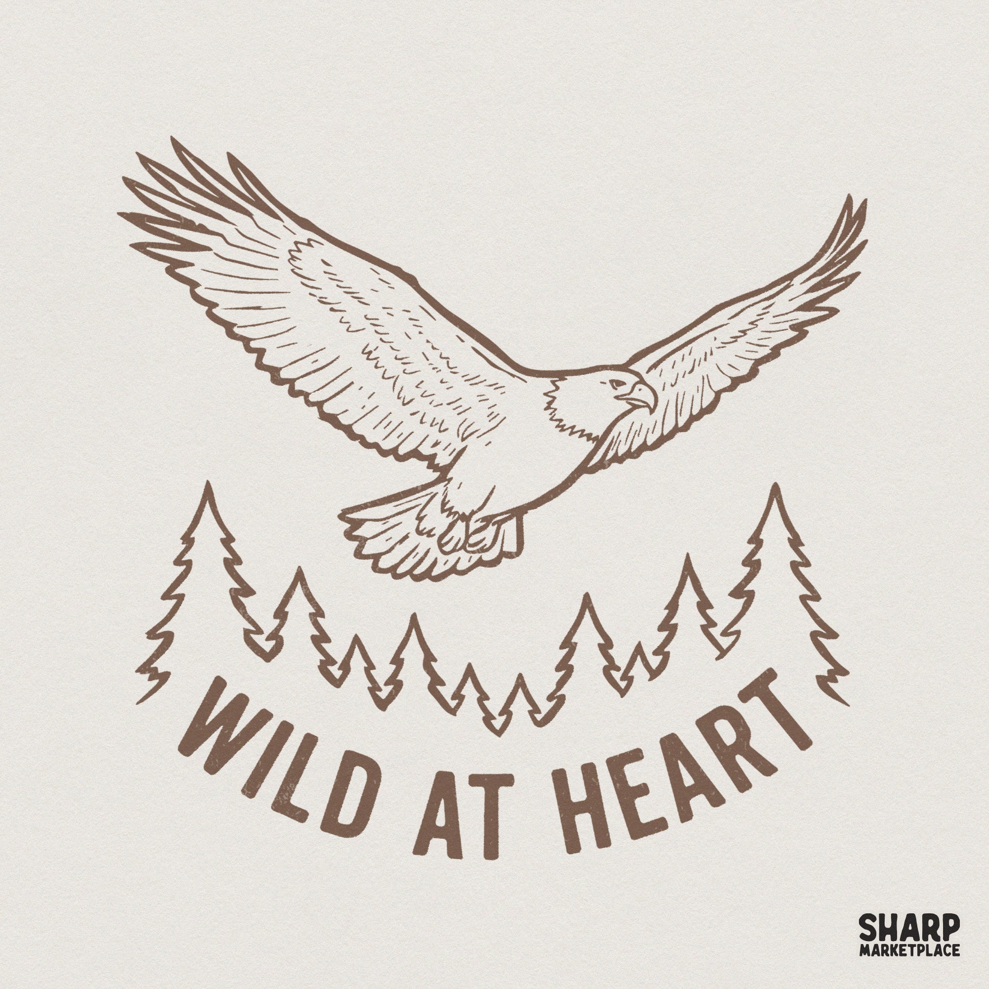 Brown line art of a soaring eagle above a forest silhouette with the text Wild At Heart, perfect for vintage nature-themed apparel and DIY projects.