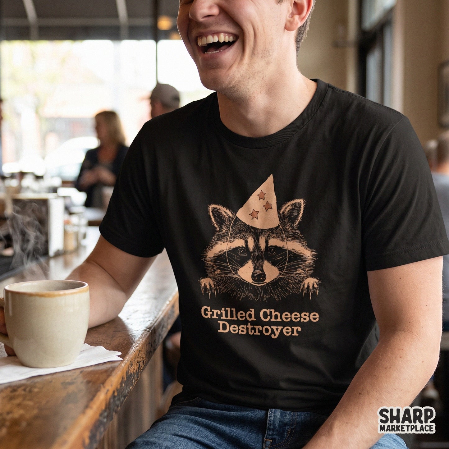 Funny raccoon wearing a party hat with Grilled Cheese Destroyer text for sarcastic animal meme sublimation shirts