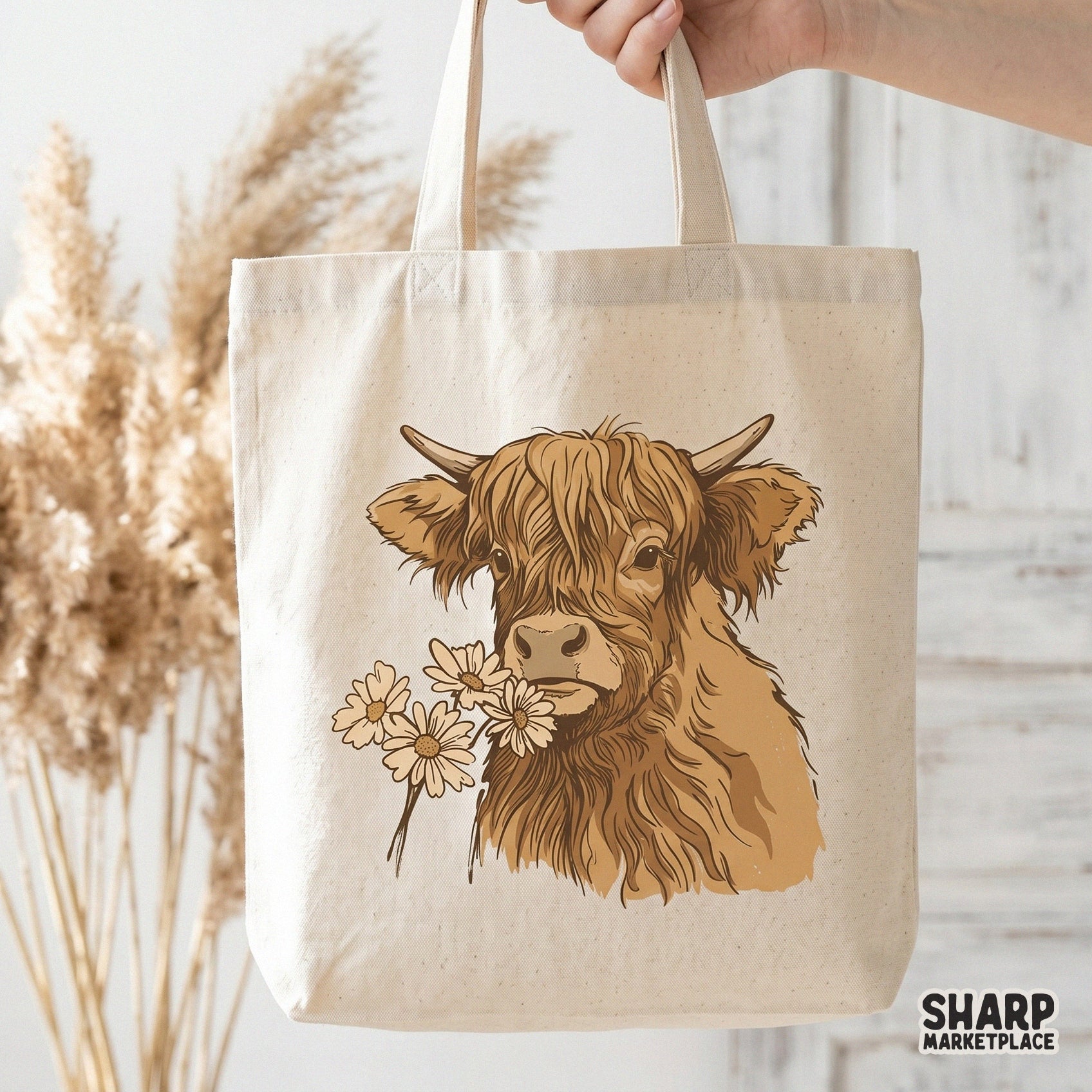 Western style Highland cow graphic with daisies in muted colors, ideal for creating trendy t-shirts, stickers, and farmhouse home decor.