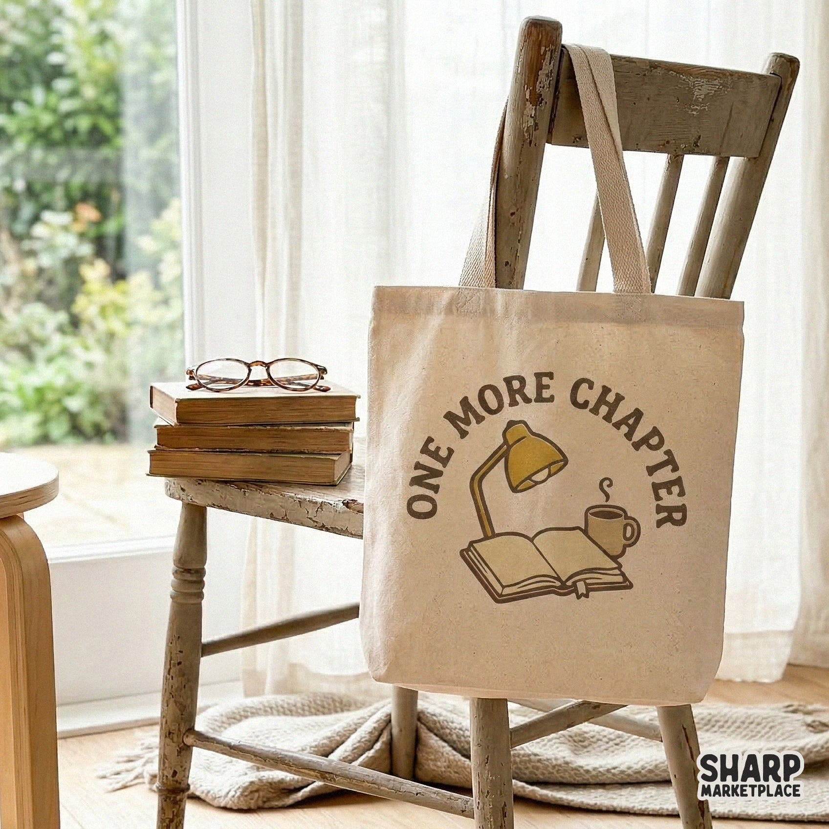 Retro-inspired digital illustration of a reading scene with a book, lamp, and coffee, suitable for tumblers, wall art, and custom apparel prints.