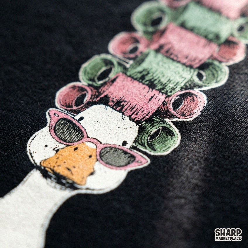 Sassy goose wearing hair curlers and pink sunglasses retro spa day PNG graphic for girls trip sublimation designs