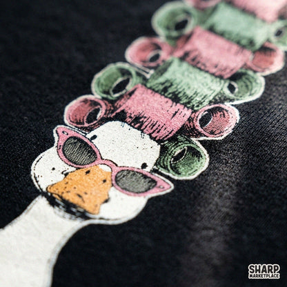 Sassy goose wearing hair curlers and pink sunglasses retro spa day PNG graphic for girls trip sublimation designs