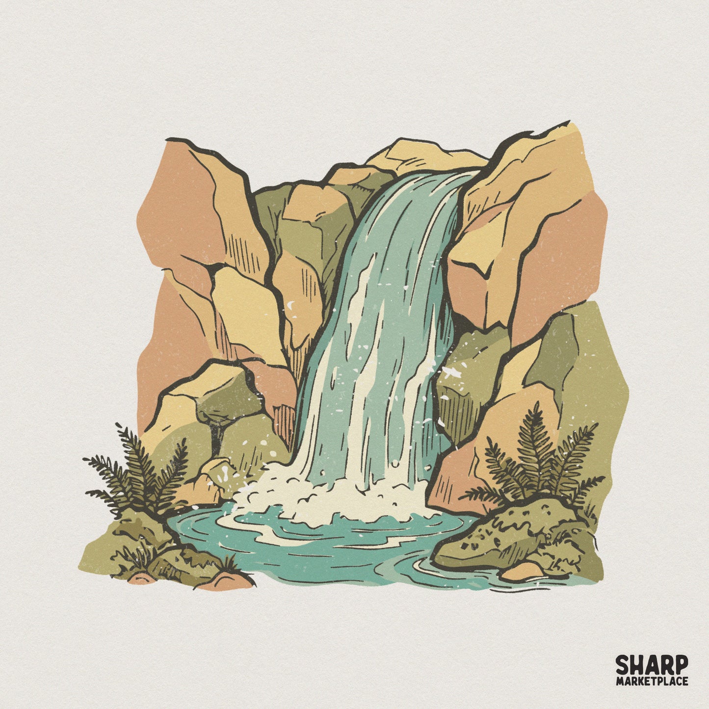 Vintage Waterfall PNG Design, Retro Nature Scene Graphic - 300 DPI Design
