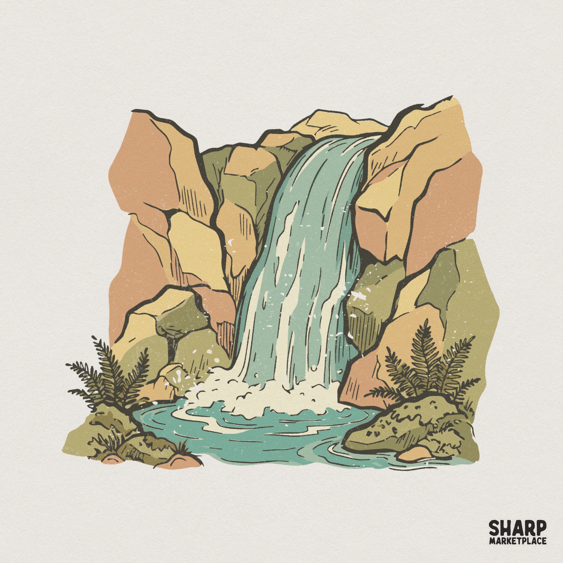 Vintage Waterfall PNG Design, Retro Nature Scene Graphic - 300 DPI Design