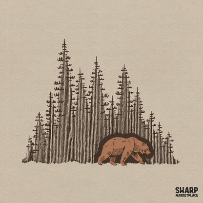 Wild bear walking through a pine forest silhouette png design for camping t-shirts and wildlife sublimation graphics
