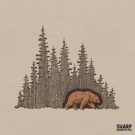 Wild bear walking through a pine forest silhouette png design for camping t-shirts and wildlife sublimation graphics