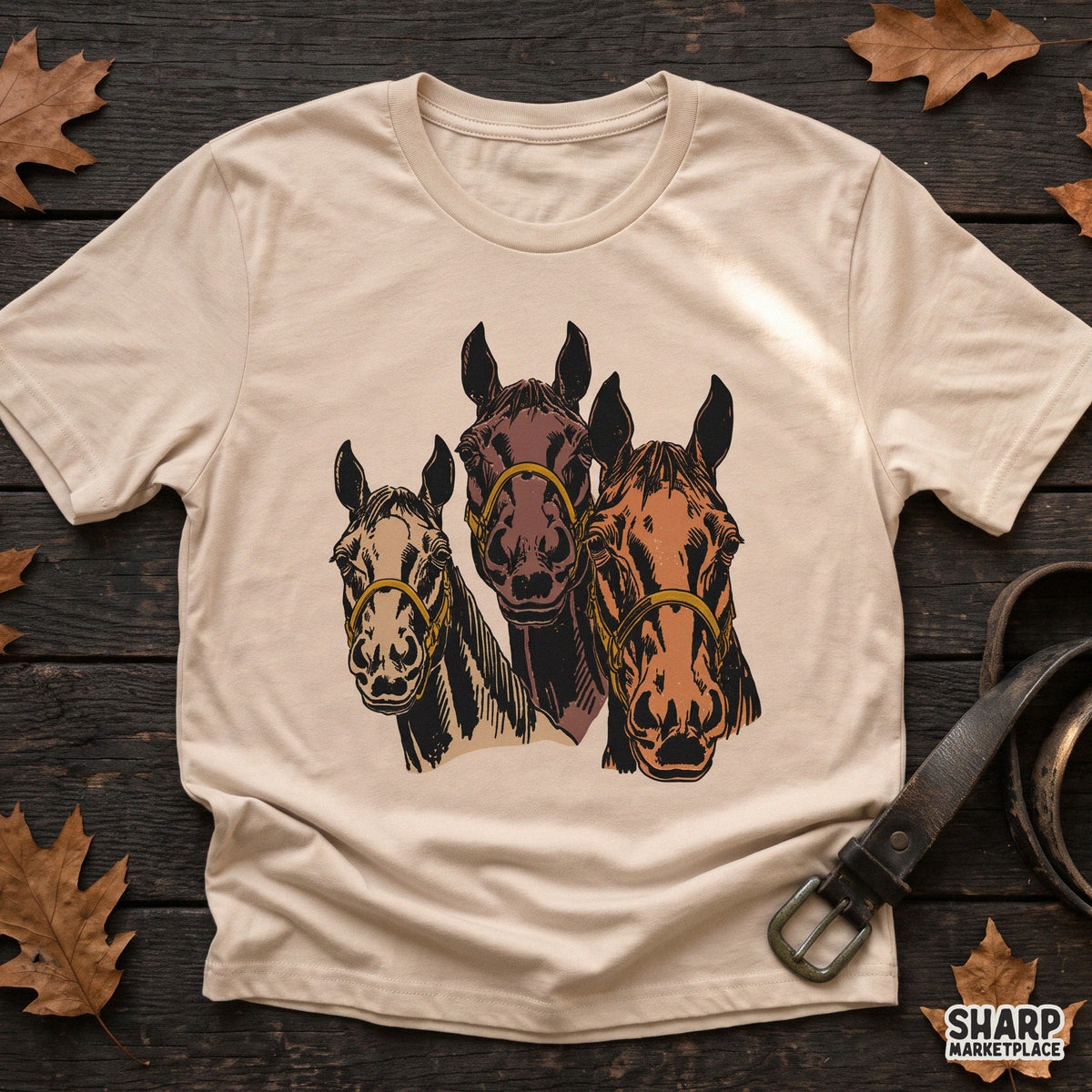 Three vintage brown horses graphic for western PNG sublimation designs on country music t-shirts and ranch life decor