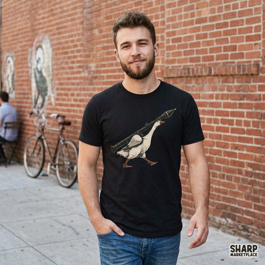Funny sarcastic animal meme PNG featuring a white goose walking with a rocket launcher for t-shirt sublimation designs