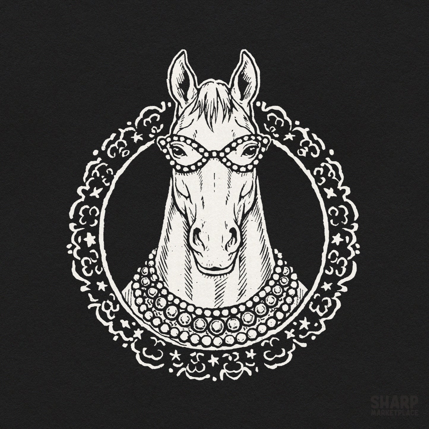 Chic glamour horse wearing a pearl necklace illustration for equestrian shirt sublimation and trendy apparel design