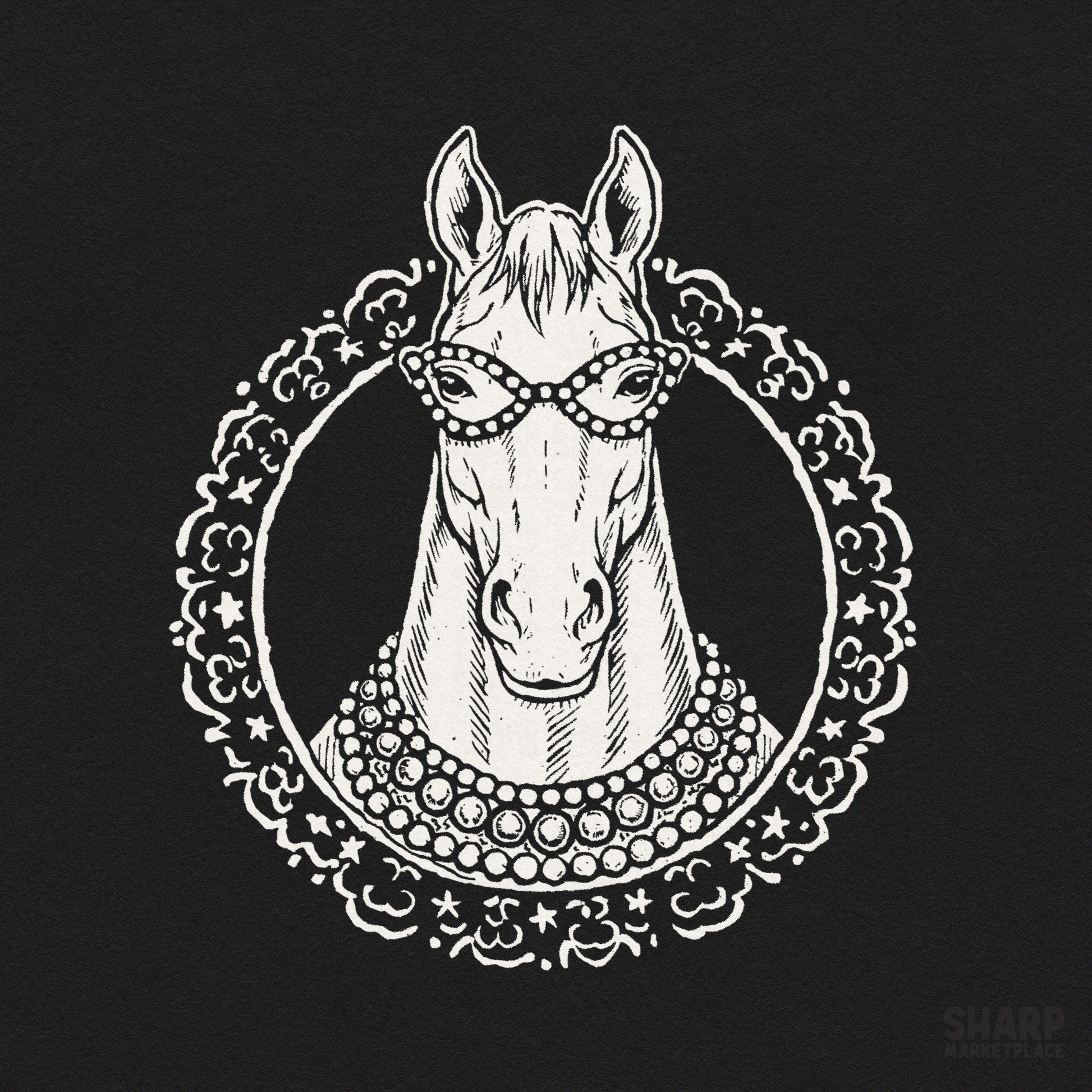 Chic glamour horse wearing a pearl necklace illustration for equestrian shirt sublimation and trendy apparel design