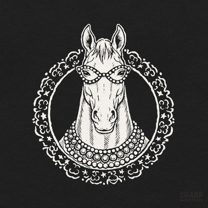 Chic glamour horse wearing a pearl necklace illustration for equestrian shirt sublimation and trendy apparel design