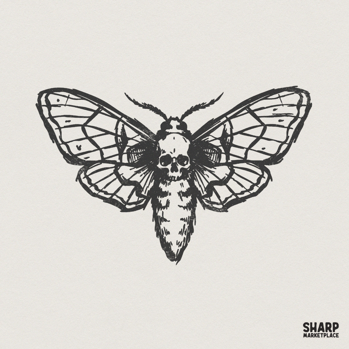 Black and white hand-drawn moth illustration with a skull marking on its thorax, featuring intricate wing linework in a vintage tattoo style.