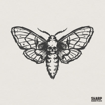 Black and white hand-drawn moth illustration with a skull marking on its thorax, featuring intricate wing linework in a vintage tattoo style.