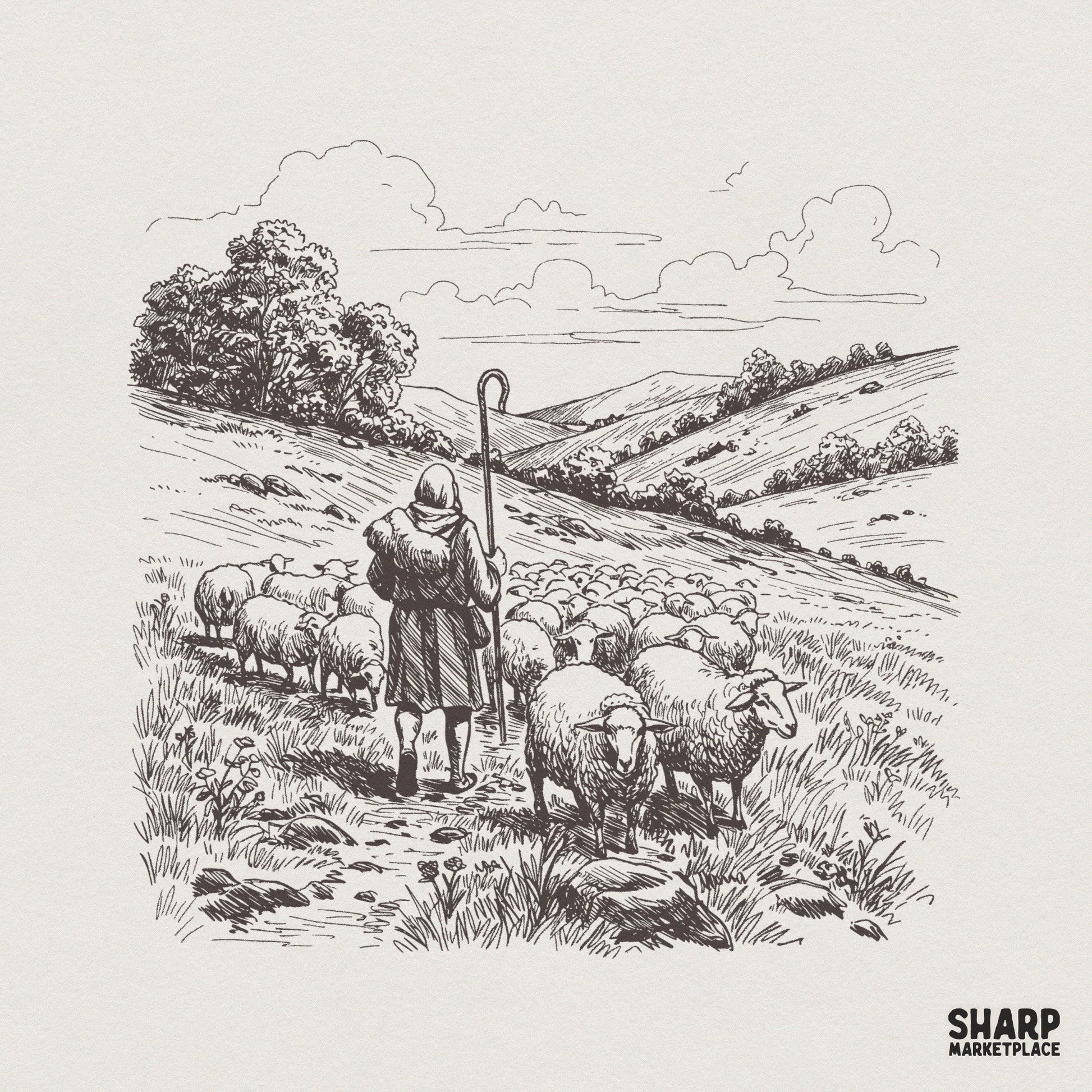 Vintage hand-drawn illustration of a shepherd leading a flock of sheep through a rolling countryside path, monochromatic line art design.