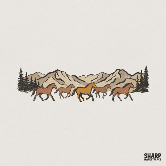 Rustic wild horse herd galloping in front of mountain peaks and pine trees, featuring a distressed western aesthetic for apparel sublimation.