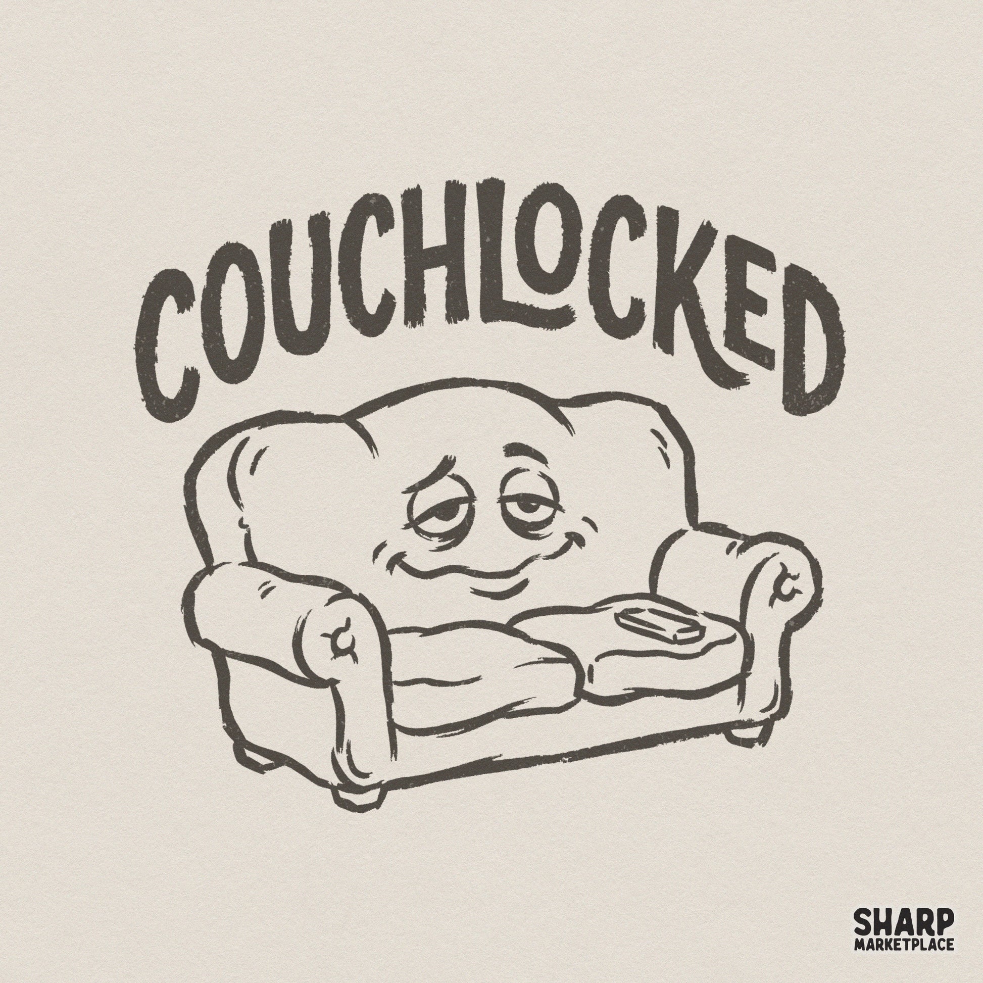 Hand-drawn illustration of a dazed, anthropomorphic couch with heavy eyelids and a remote, featuring the arched text Couchlocked in a vintage style.