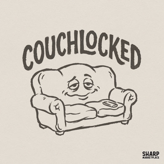 Hand-drawn illustration of a dazed, anthropomorphic couch with heavy eyelids and a remote, featuring the arched text Couchlocked in a vintage style.