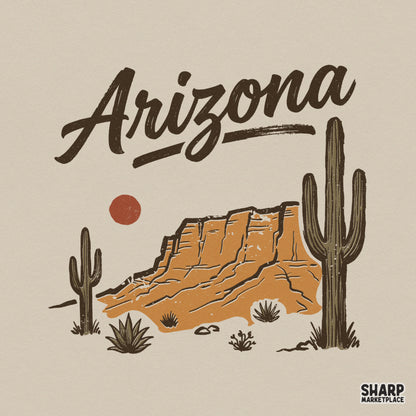 Arizona script typography above a retro desert landscape with a mesa, saguaro cacti, and a minimalist red sun for sublimation and apparel.