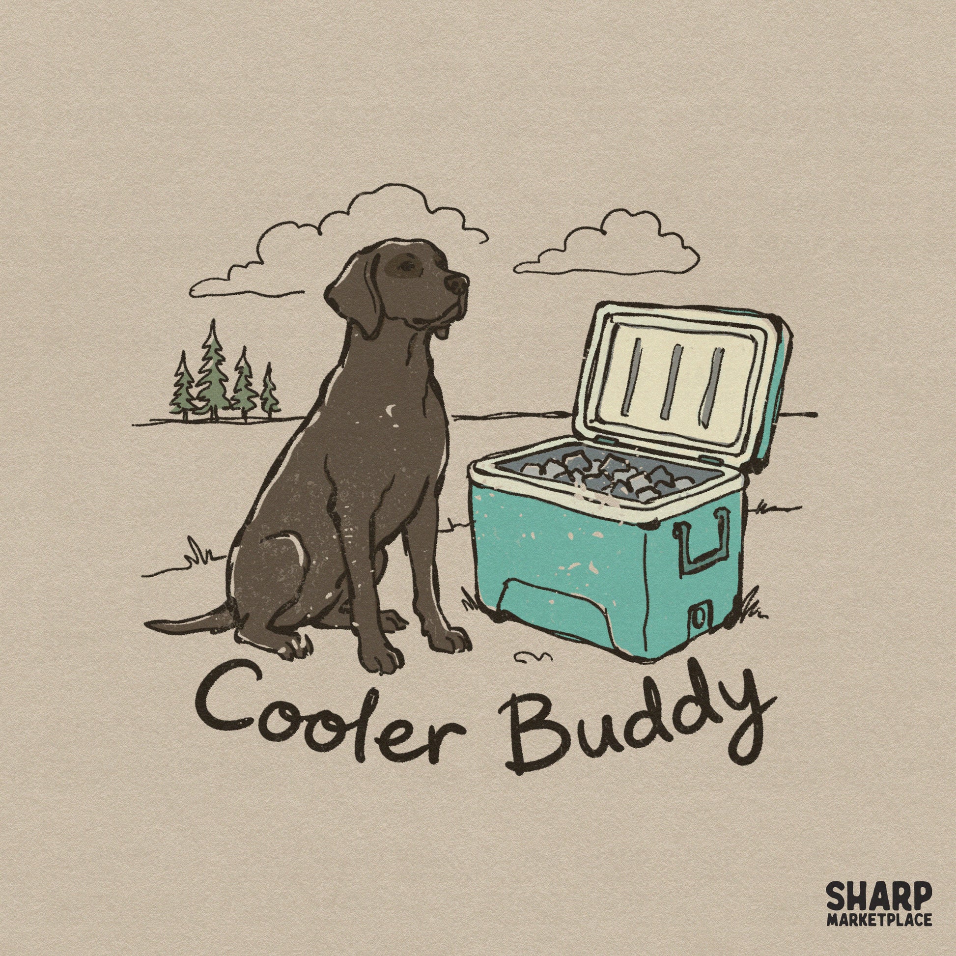 Hand-drawn digital design featuring a chocolate Labrador sitting next to an open teal ice chest with the text Cooler Buddy in a casual script font.