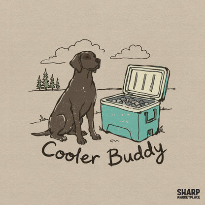 Hand-drawn digital design featuring a chocolate Labrador sitting next to an open teal ice chest with the text Cooler Buddy in a casual script font.