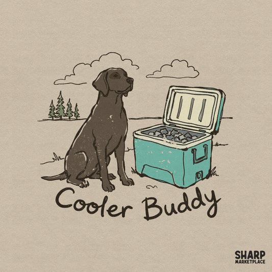 Hand-drawn digital design featuring a chocolate Labrador sitting next to an open teal ice chest with the text Cooler Buddy in a casual script font.