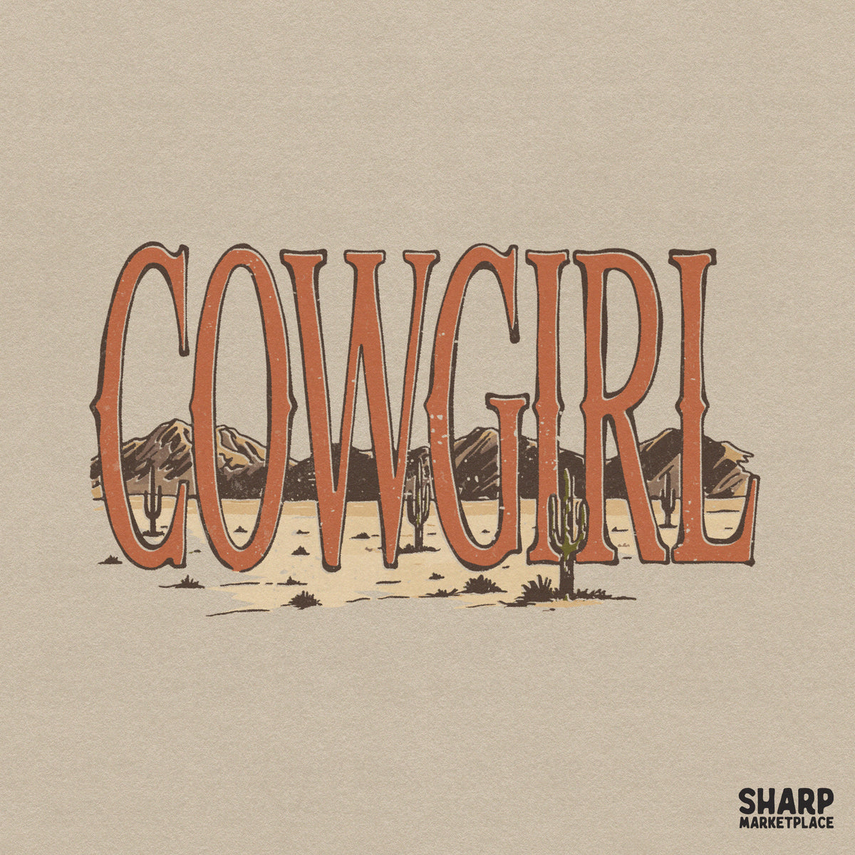 Retro western Cowgirl typography design featuring a desert landscape with mountains and saguaro cacti in warm burnt orange and earthy tones.