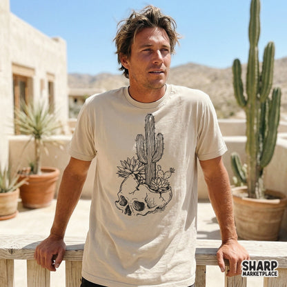 Detailed hand-drawn skull and cactus illustration with a rustic southwestern vibe, suitable for sublimation, stickers, and custom apparel.