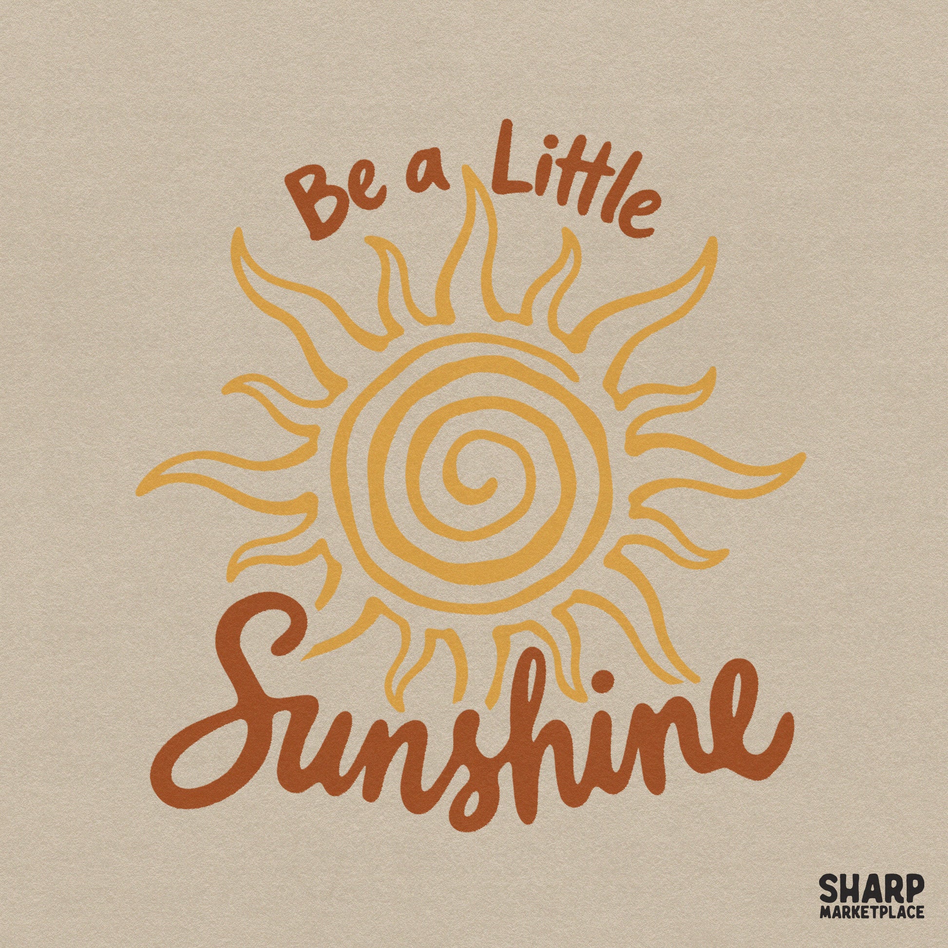 Retro spiral sun illustration with the text Be a Little Sunshine in warm golden yellow and orange tones for summer sublimation projects.
