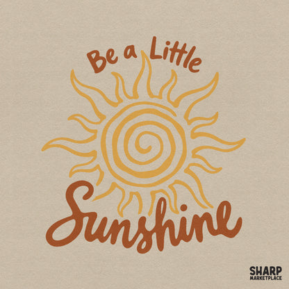 Retro spiral sun illustration with the text Be a Little Sunshine in warm golden yellow and orange tones for summer sublimation projects.