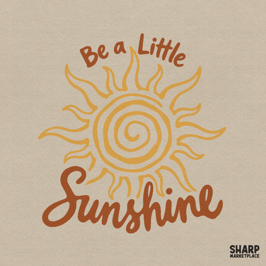 Retro spiral sun illustration with the text Be a Little Sunshine in warm golden yellow and orange tones for summer sublimation projects.