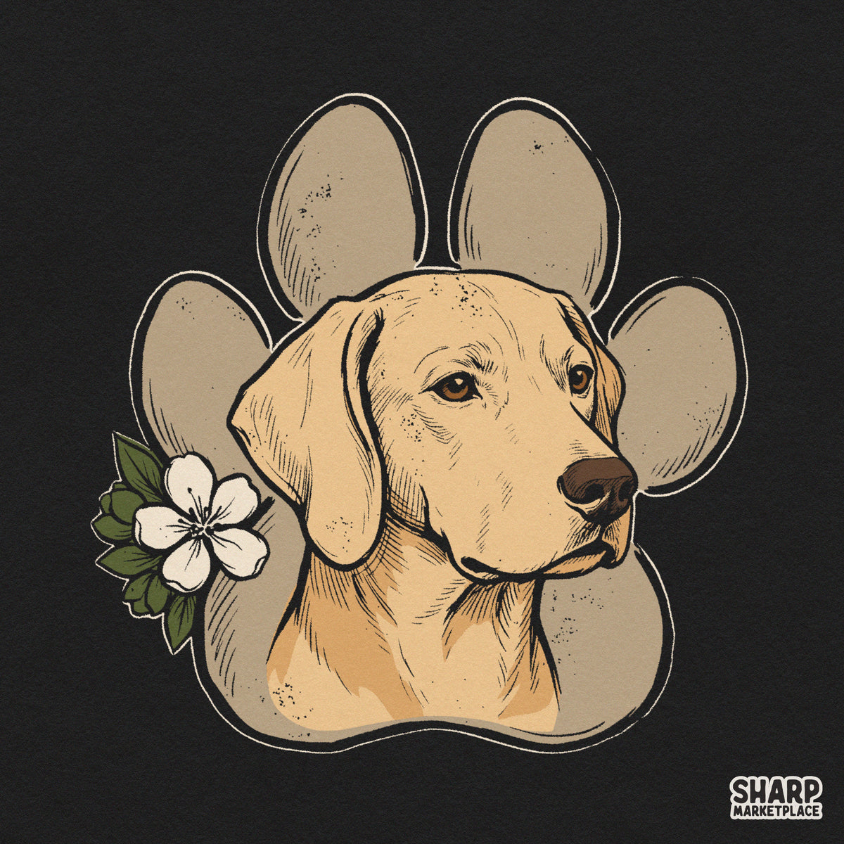 Yellow lab face over a floral paw print design with spring flowers for dog mom t-shirts and sublimation prints