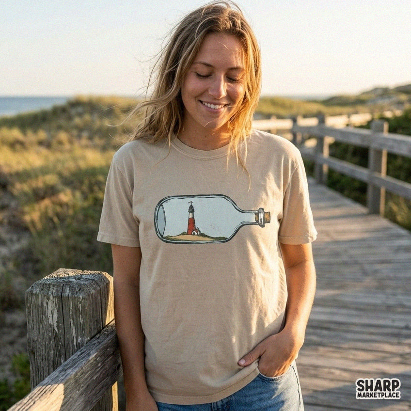 Vintage lighthouse in a glass bottle on a sandy dune, coastal beach PNG sublimation design for tumblers and shirts