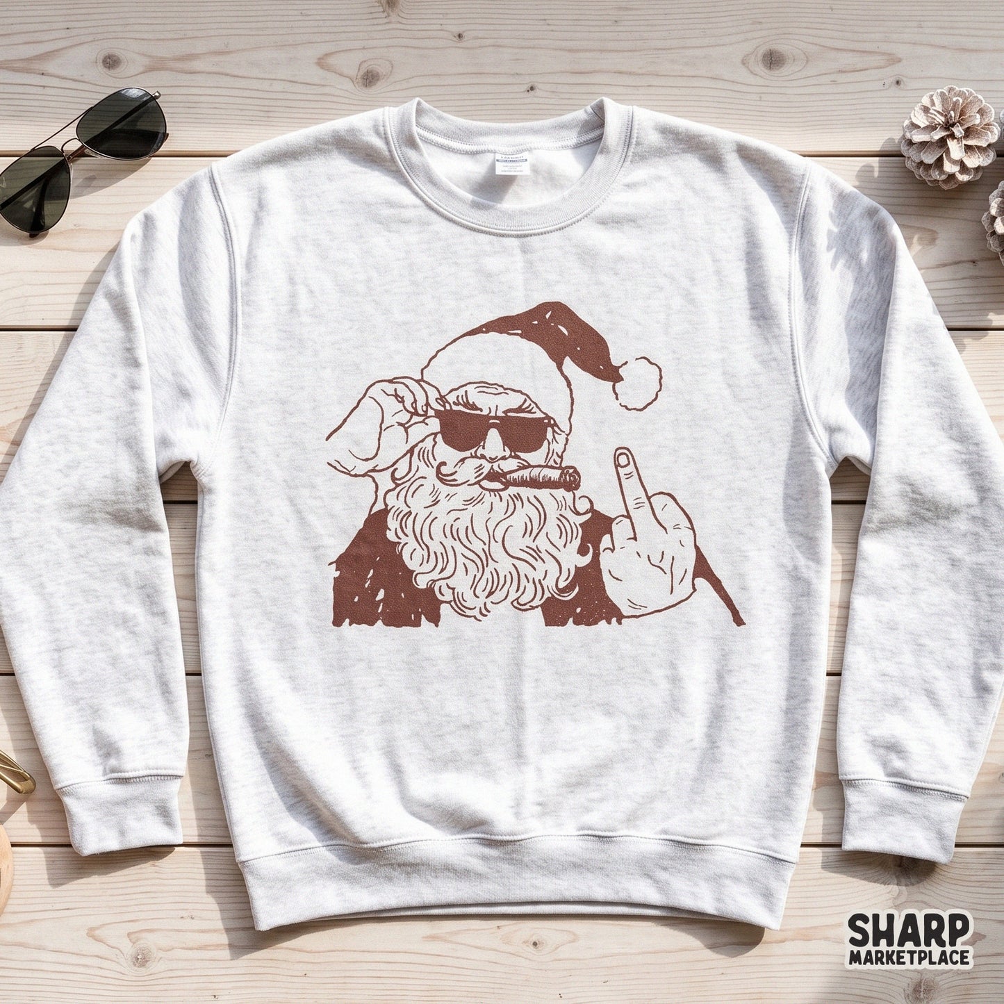 Bad Santa smoking a cigar and showing his middle finger in a sarcastic retro sublimation design for holiday shirts