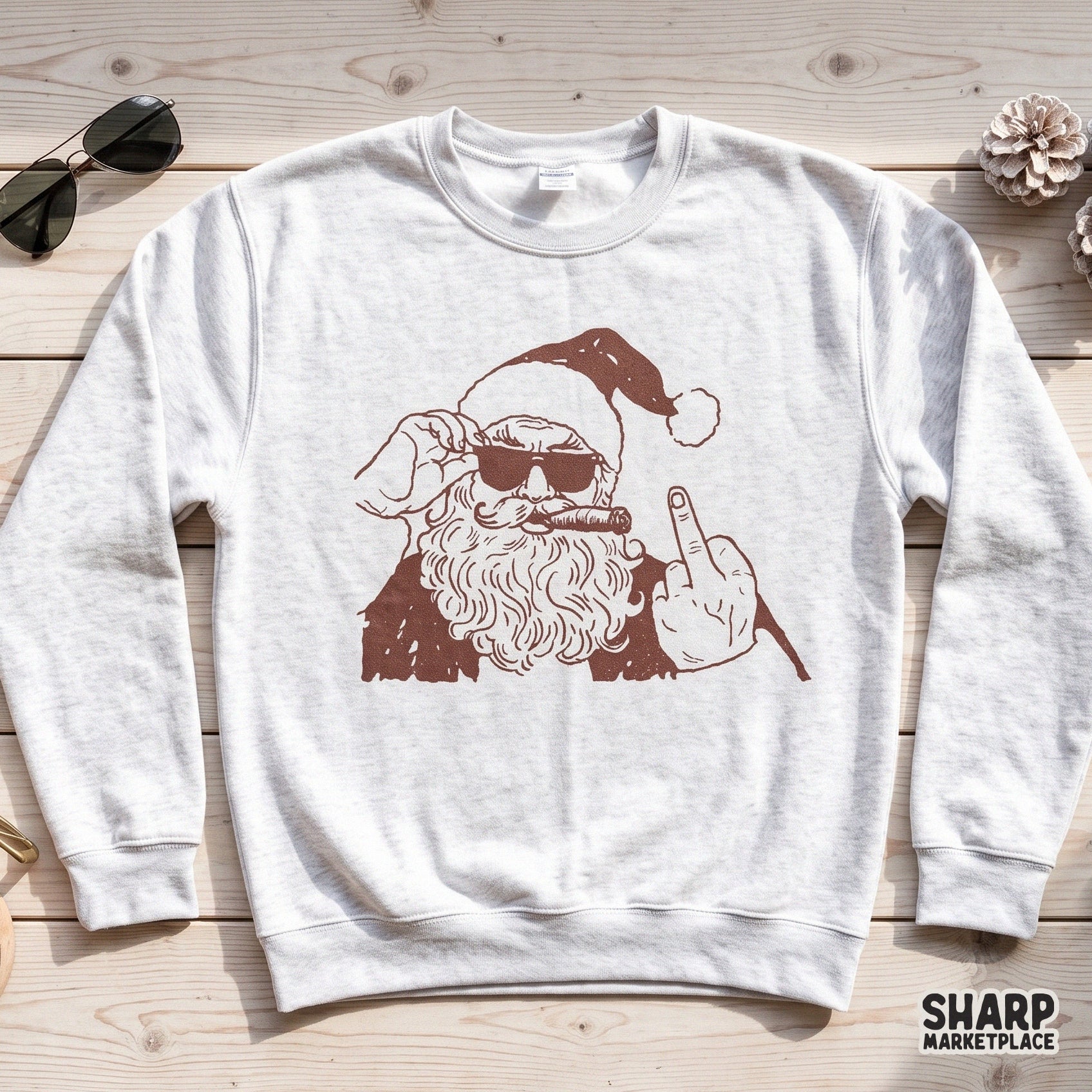 Bad Santa smoking a cigar and showing his middle finger in a sarcastic retro sublimation design for holiday shirts
