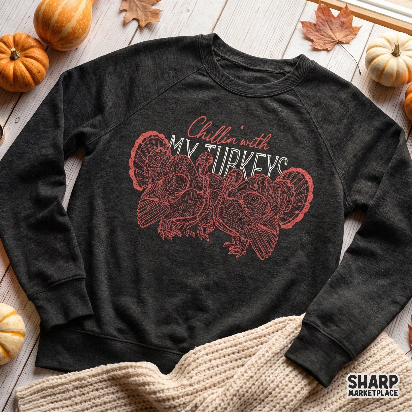 Retro Chillin' With My Turkeys PNG design for funny Thanksgiving couple shirts and fall sublimation projects