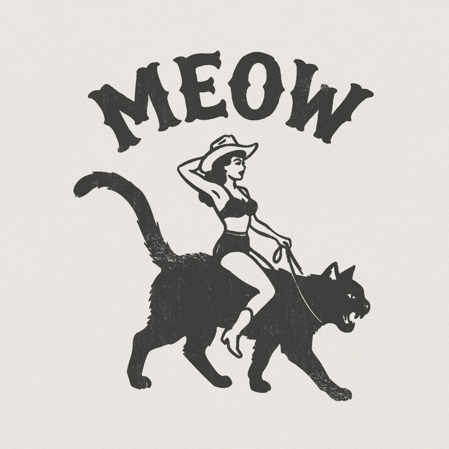 Vintage western style digital design featuring a pin-up cowgirl riding a large black cat with the word Meow in arched retro typography.