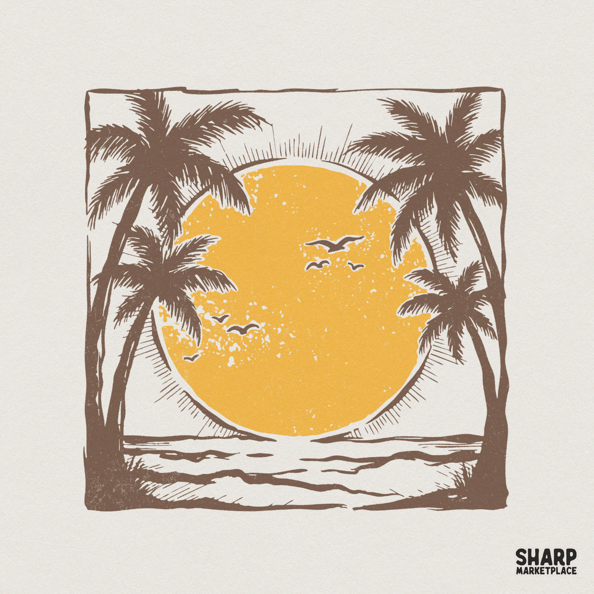 Vintage tropical sunset PNG with a distressed golden sun, palm trees, and birds inside a square border, perfect for sublimation and apparel.
